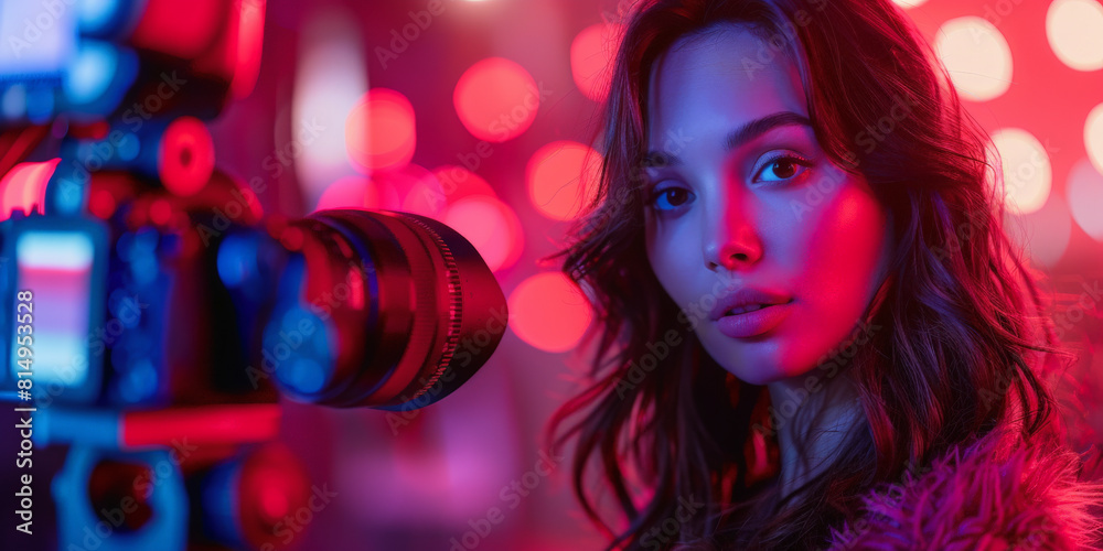 A woman is being photographed in a studio with vivid red and blue lighting, creating a bokeh effect in the background. A woman is being photographed in a studio with vivid red and blue lighting, creating a bokeh effect in the background.