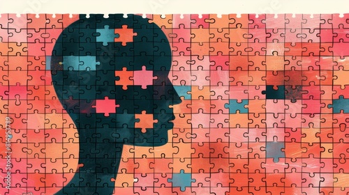 Illustration of a silhouette head profile made of puzzle pieces, with some pieces missing, symbolizing absence.