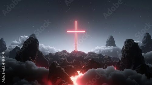 A neon cross glowing brightly in a night scene with misty mountains under a starry sky.