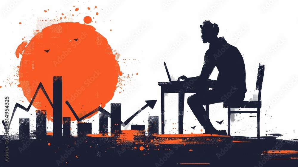 Silhouette of a man working on a laptop with stylized graphs and data analysis visual elements in the background.