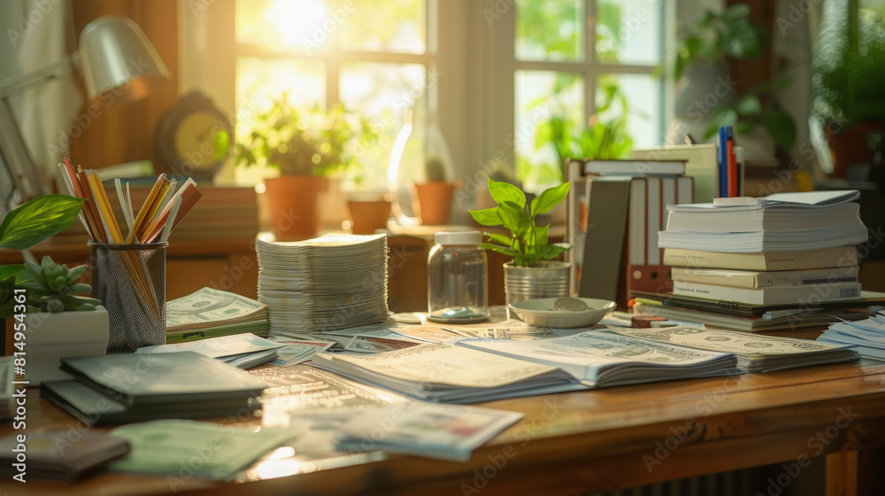 A cozy home workspace bathed in sunlight, featuring stacks of books, an open newspaper, plant pots, and pencils, evoking a sense of peaceful productivity. A cozy home workspace bathed in sunlight, featuring stacks of books, an open newspaper, plant pots, and pencils, evoking a sense of peaceful productivity.