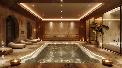 Show the luxurious interior of a high-end spa that offers exclusive services, focusing on the elegant design and relaxing environment that attract a discerning clientele  photo