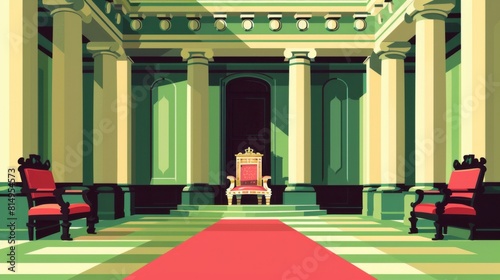 An illustrative depiction of a royal throne room with a red carpet leading to ornate thrones, flanked by pillars. photo