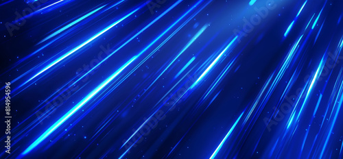 Glowing speed diagonal blue lines on a dark background. Straight fast laser shiny beams motion light. Techno business website element  for web page  banner  desktop  text header