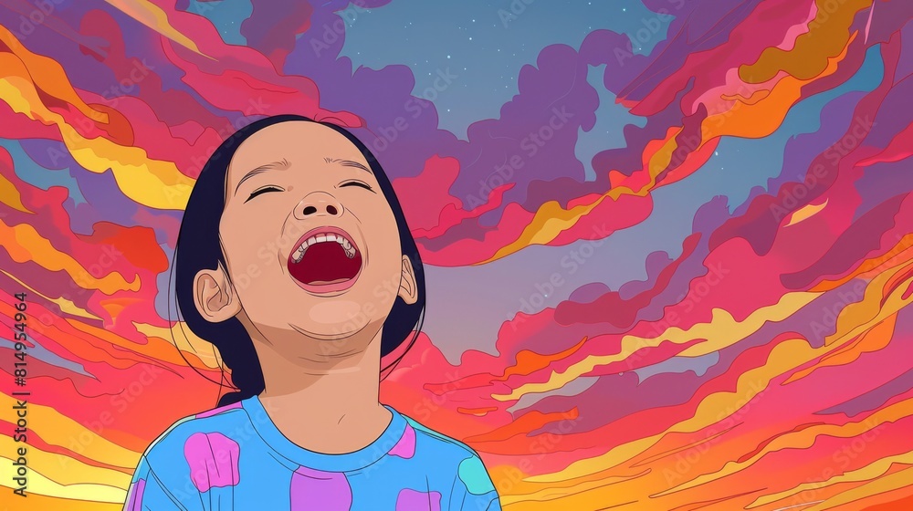 Illustration of a joyful Asian baby laughing, depicted against a colorful, stylized sunset sky backdrop. Illustration of a joyful Asian baby laughing, depicted against a colorful, stylized sunset sky backdrop.