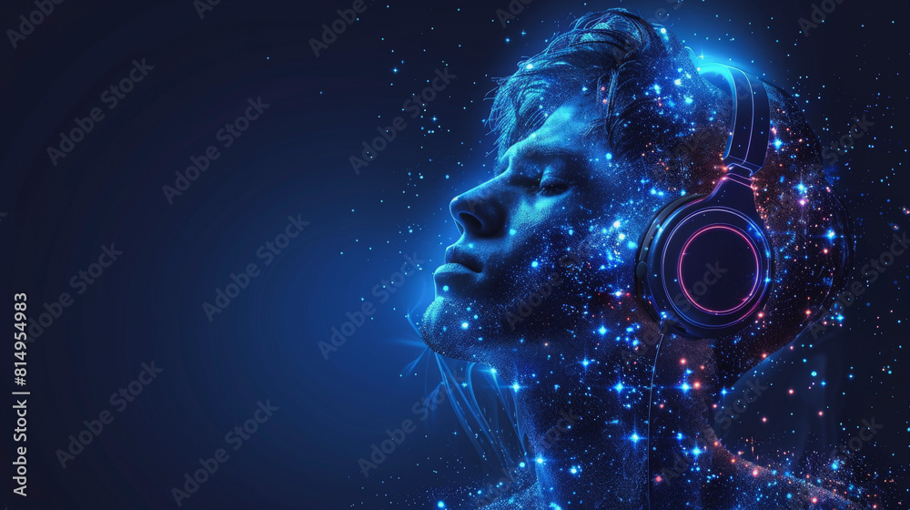 A digital artwork of a person with headphones, featuring a profile outlined with sparkling, star-like lights against a dark blue background, suggesting a cosmic theme. A digital artwork of a person with headphones, featuring a profile outlined with sparkling, star-like lights against a dark blue background, suggesting a cosmic theme.