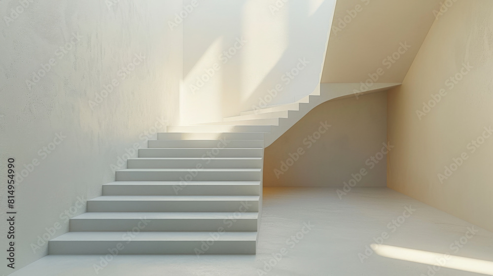 Obraz premium A minimalistic white staircase with sunlight casting soft shadows, creating a serene, modern architectural aesthetic.
