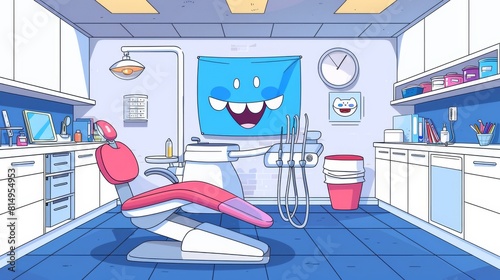 Cartoon illustration of a brightly colored dentist's office with cheerful decor and dental equipment.