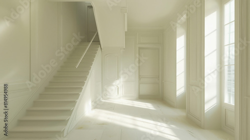 A serene, bright interior with an elegant white staircase and panelled walls, flooded with natural light from the windows, exuding a peaceful, minimalist aesthetic.