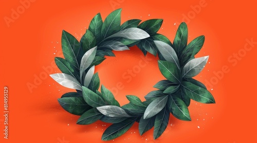 Elegant green leaf wreath on a vibrant orange background, possibly for a wedding invitation. photo