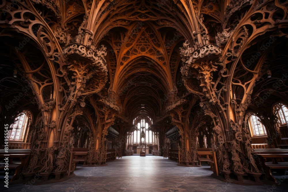 Obraz premium Stunning view of the elaborate gothic craftsmanship inside an ancient cathedral's nave
