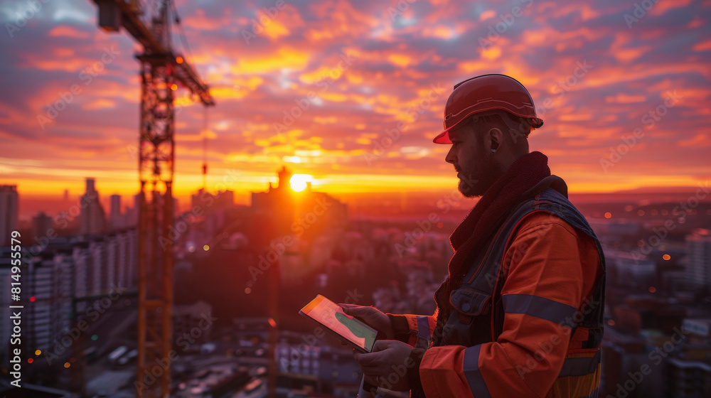 Construction worker in high-visibility jacket holding plans at sunset with a city skyline in the background and a crane beside him.