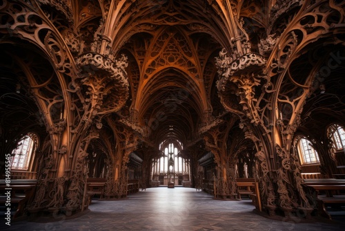 Stunning view of the elaborate gothic craftsmanship inside an ancient cathedral s nave