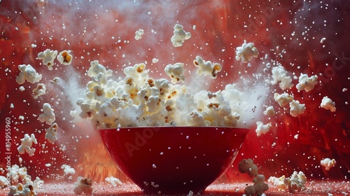 A bowl of popcorn with kernels popping and exploding in mid air against a vibrant red background perfect for movie night photo