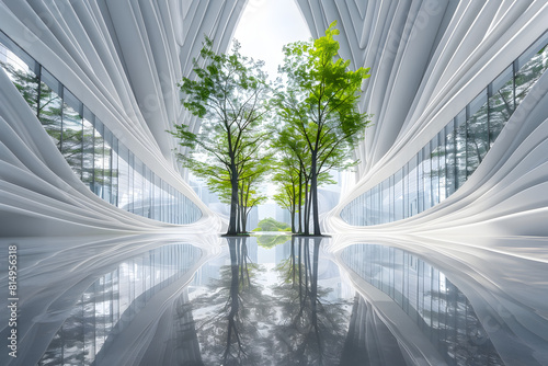 An symmetrical and exquisite hall with an oversized organic parametric structure, featuring tall trees in the center of the room surrounded by walls made from white wavy resin sheets. 