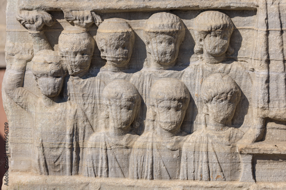 Architectural details, ancient Egyptian obelisk of the pharaoh on the square in the city of Istanbul, public place, symbol of tourism.