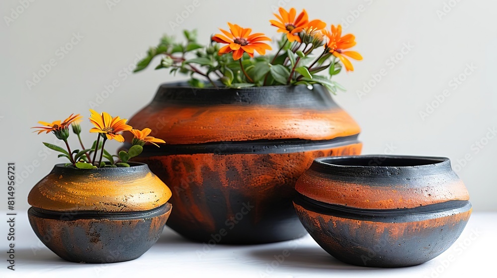 A beautiful still life of three hand-painted pots with orange flowers A beautiful still life of three hand-painted pots with orange flowers