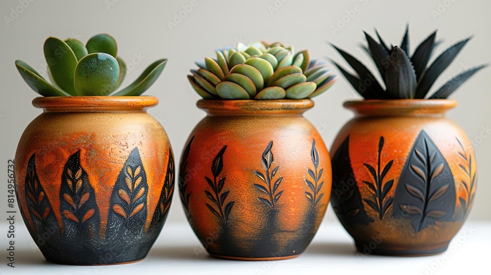 Three hand-painted pots with succulents sit on a white table against a beige background Three hand-painted pots with succulents sit on a white table against a beige background