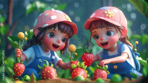 Two animated children are in a garden, fascinated by the strawberries they are picking, conveying a sense of joy and curiosity.
