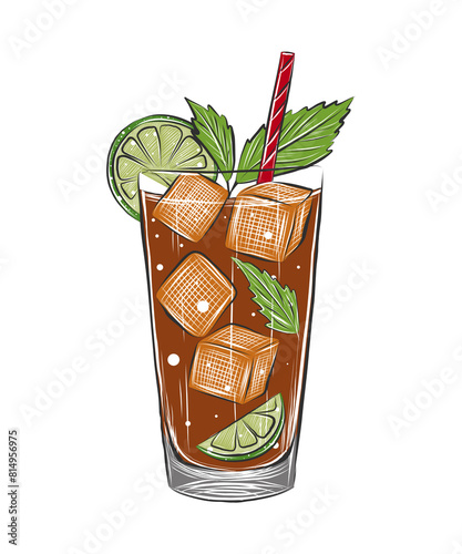 Canvas Print PNG engraved style Cuba Libre alcoholic cocktail with ice cubes, splashes illustration for posters, decoration, menu and logo
