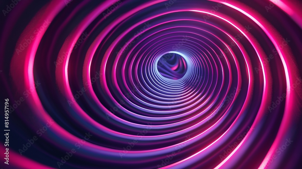 This graphic design features an abstract illusion of a spiral, composed of pink and violet neon lines intertwined with geometric shapes against a purple backdrop. This graphic design features an abstract illusion of a spiral, composed of pink and violet neon lines intertwined with geometric shapes against a purple backdrop.