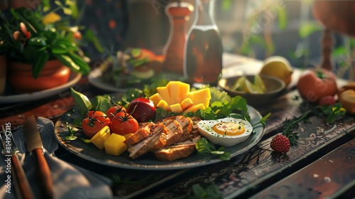 Lush vegan breakfast plate  soft morning light  closeup  vibrant colors