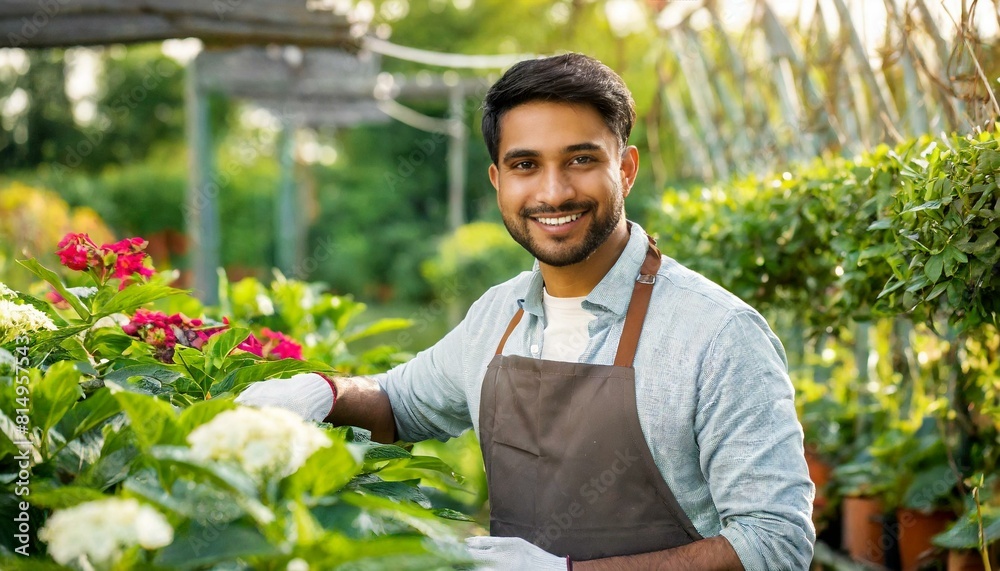 male gardener stands behind the garden and looks straight into the camera smiling
