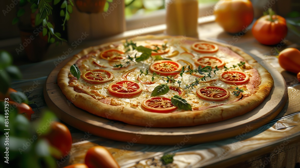 Rustic vegetarian pizza on wooden board, warm evening glow, high angle view