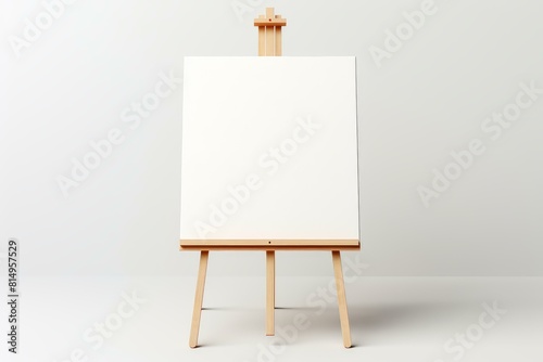 Empty white canvas displayed on a classic wooden easel, set against a neutral background