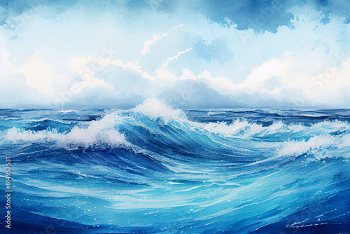 watercolor ocean waves and splash water, textured blue paint splash, background for advertisement banner, flyer, presentation.