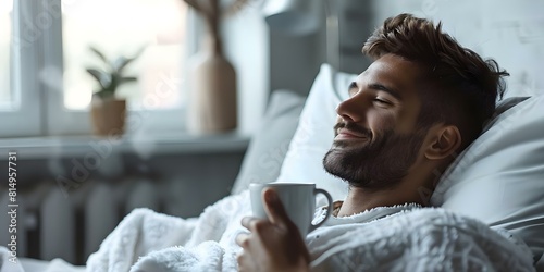 Young man in good spirits recovering at home enjoying a hot drink. Concept Home Recovery, Hot Beverage, Good Spirits, Young Man, Relaxing Environment photo