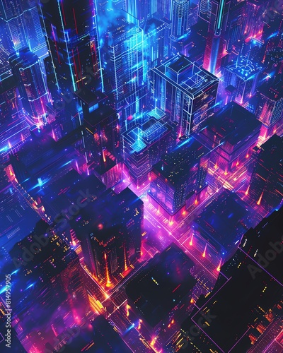 An aerial view of a cyberpunk city at night. The city is full of tall buildings, neon lights, and flying cars. The image is dark and moody, with a hint of danger.