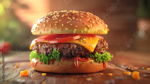 Vegan cheeseburger, melted cheddar, vibrant veggies, closeup, soft focus background, warm lighting photo
