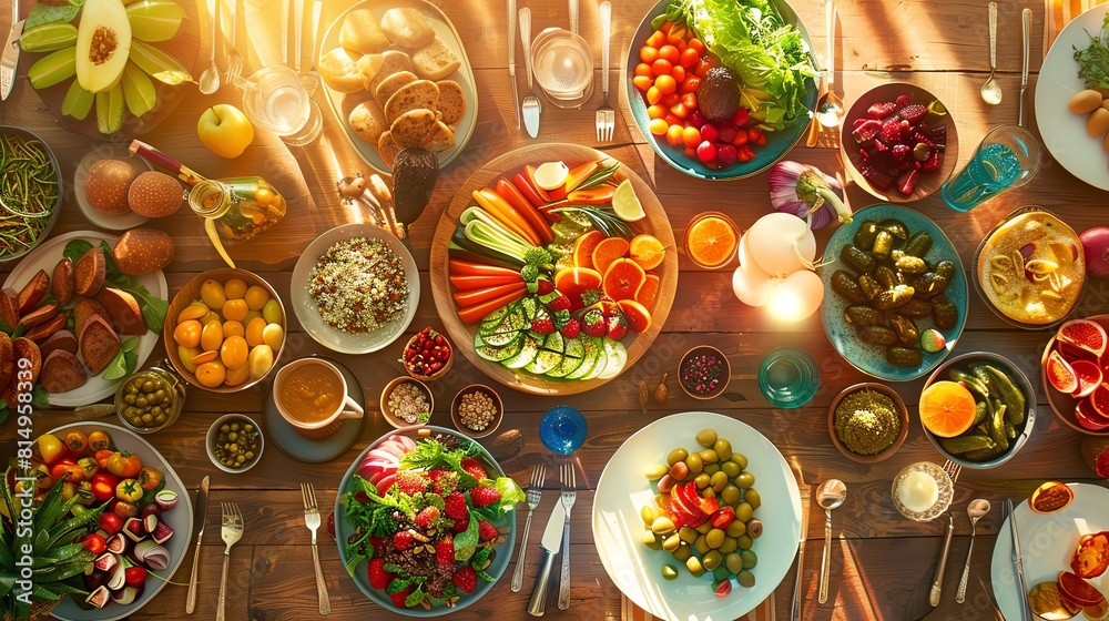 Vegetarian feast, colorful salads, wood table, golden hour glow, wide aerial view