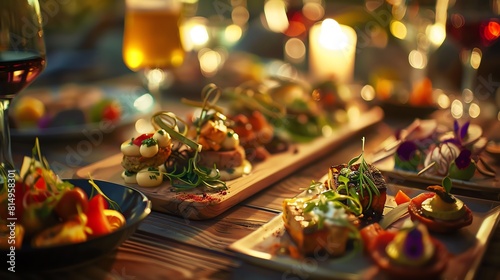 Vegetarian appetizers, creative plating, diagonal angle, soft focus, candlelight