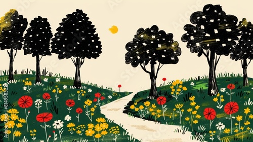 Stylized illustration of a whimsical forest with tall  dark trees  a winding path  and colorful flowers.