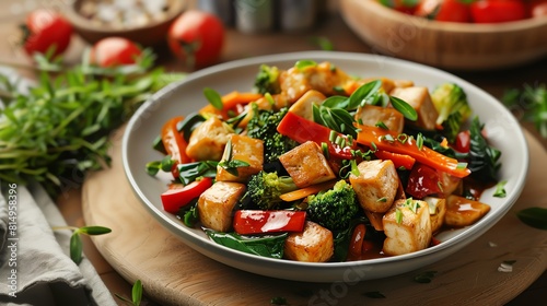 Vibrant vegan stirfry with tofu and fresh veggies, side angle, high detail