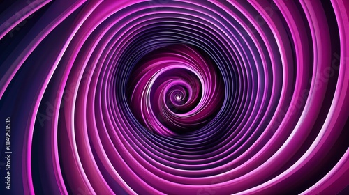 This graphic design features an abstract illusion of a spiral  composed of pink and violet neon lines intertwined with geometric shapes against a purple backdrop.