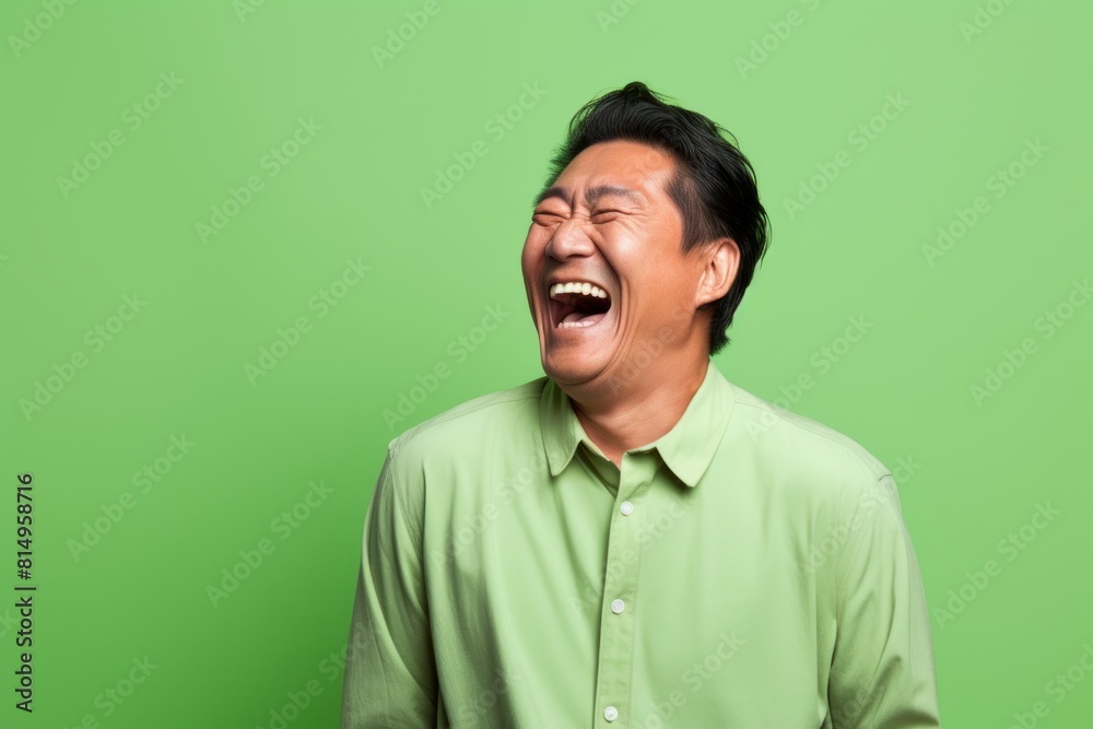 Fototapeta premium Portrait of a merry asian man in his 40s laughing on pastel green background