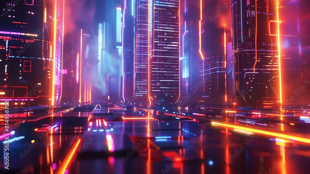 A digital painting of a cyberpunk city at night. The city is full of tall buildings, neon lights, and flying cars. The image is dark and moody, with a hint of danger.