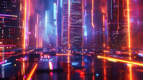 A digital painting of a cyberpunk city at night. The city is full of tall buildings  neon lights  and flying cars. The image is dark and moody  with a hint of danger.