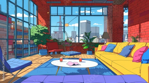 Illustration of a vibrant luxury studio apartment with loft-style layout and large windows showing a city view. © neatlynatly