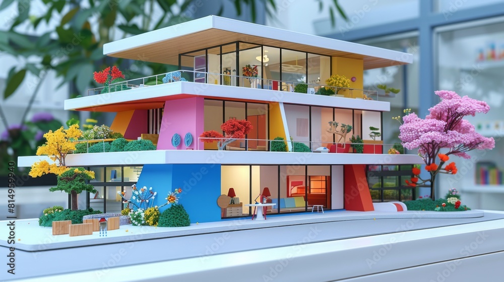 Fototapeta premium Colorful scale model of a modern, eco-friendly apartment building with vibrant decor and lush greenery.