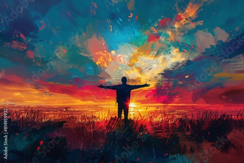 Render a dynamic scene of a leaders silhouette in the sunset, showcasing hope and inspiration, using vibrant colors and expressive brush strokes reminiscent of impressionism