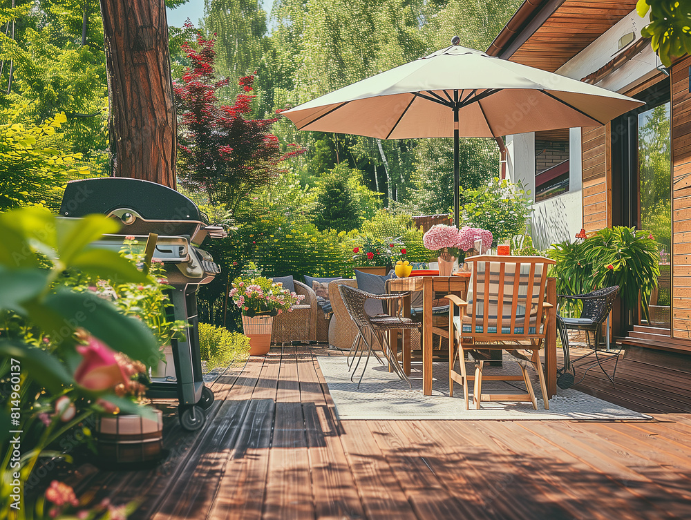 Eine schöne Gartenterrasse an einem Haus mit modernen Gartenmöbeln. BBQ im Garten Eine schöne Gartenterrasse an einem Haus mit modernen Gartenmöbeln. BBQ im Garten