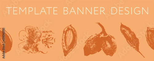 Almond frame for banner background or label template design. Organic almond seamless pattern. Garland almond nuts. Crayon drawings for almonds packaging or marzipan paste tag. Vector floral border.