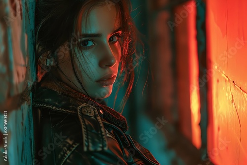 Woman in Featuring edgy textures like leather and mesh under stark, industrial lighting for a cyberpunk vibe. Visualize modern dystopian ensembles from a side angle, real photo