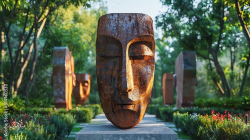 A wooden mask statue a garden where abstract sculptures