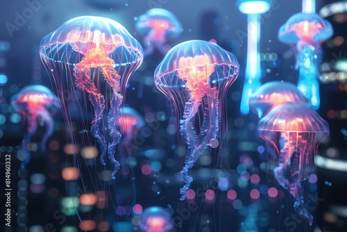 A pod of luminescent jellyfish floating gracefully through an otherworldly photo