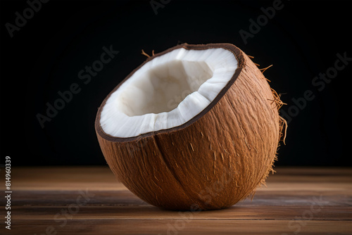 A whole brown tropical coconut rests on a table, its natural surface isolated against a white or wooden background. photo
